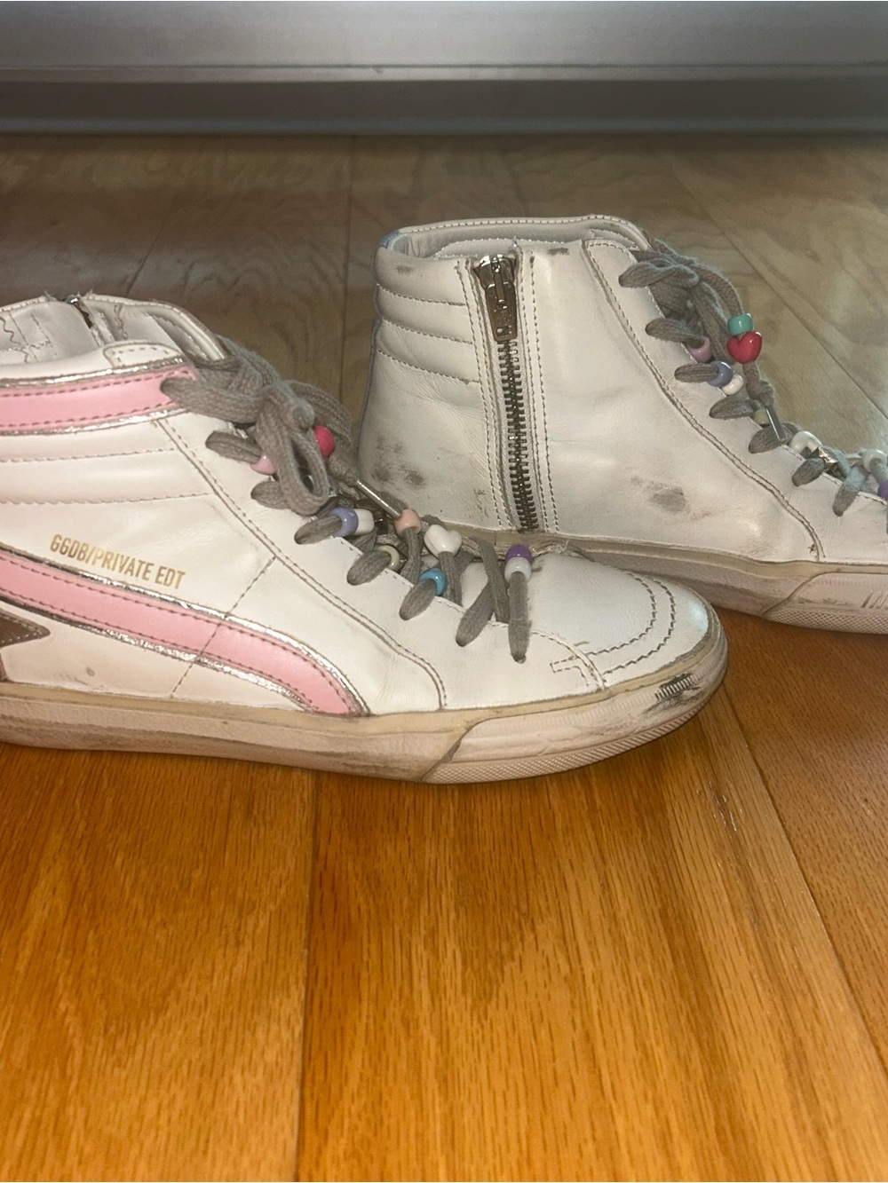 Golden Goose pink white silver and blue  slide high top sneakers